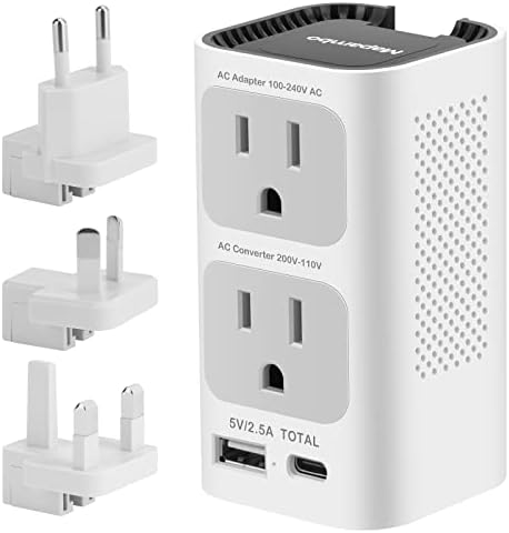 Universal Travel Adapter 220V to 110V Voltage Converter US to Europe, Inernational Power Plug Adapter with 1 USB Port 1 USB C for EU/UK/AU/US Worldwide Travel Plug Adapter