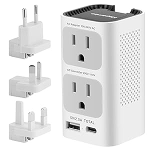 Universal Travel Adapter 220V to 110V Voltage Converter US to Europe, Inernational Power Plug Adapter with 1 USB Port 1 USB C for EU/UK/AU/US