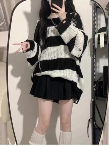 Y2K Pink Striped Sweaters Women Harajuku Vintage Black Knitted Jumper Grunge Sexy Hole Hollow Out Loose All-Match Tops3