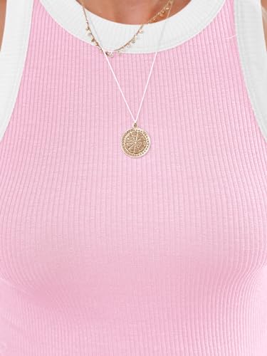 Image of siliteelon Womens Colorblock Racerback Crew Neck Casual Basic Ribbed Fitted Tank Top Sleeveless Camis