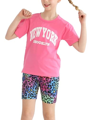 Image of mksodopy Girls Summer Clothse Graphic Print Front and Back High and Low Irregular T-shirt Cycling Shorts Set