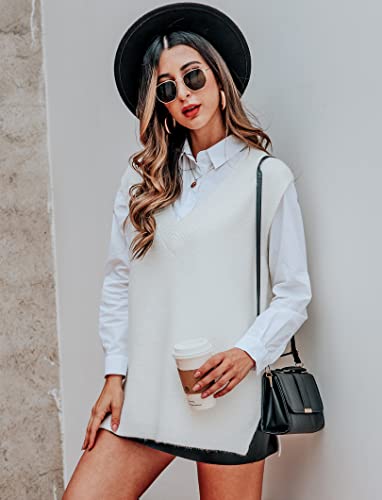 Cowasto Womens Sweater Vest Sexy Oversized V Neck Sleeveless Sweaters Casual Warm Cable Knit Tops White Small #TOP1