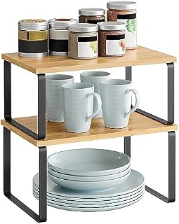SONGMICS Półka na przyprawy, 2 sztuki w zestawie, regał, organizer kuchenny, możliwość rozszerzenia i ustawiania w stos, stojak na przyprawy, z metalu i bambusa, kolor: czarny-naturalny (KCS02NB)