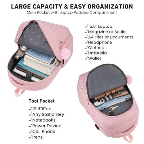 Image of YAMTION School Backpack for Teen Girls,Cute Kid Bookbag for Back to School Student Fit 15.6 Inch Laptop College Travel,Pink