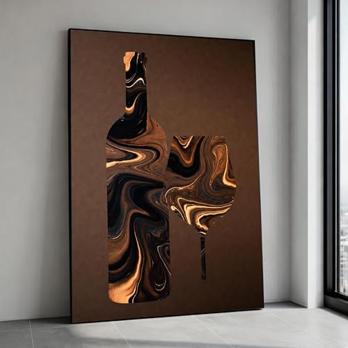 Tableau abstrait bouteille de vin 70x100 cm sans cadre en toile d'art fluide marron pour cuisine
