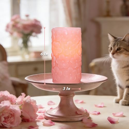Image of Pink Flower Flameless Candle with 6H Timer, Pink Flower Carving Craftsmanship LED Battery Operated Candle, Modern Home Christmas Party Valentine's Day Decor