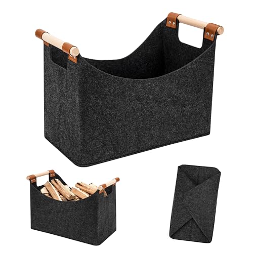 Tunejoy Cesta de Fieltro para Almacenamiento, Cesta de Leña Plegable Bolsas de Fieltro para Leña con Asa para Juguetes, Ropa, Fruta, Periódicos 40 x 22 x 27cm