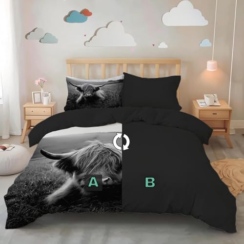 Linge de lit imprimé Highland Cattle 200x200 parure grise avec zip - 5