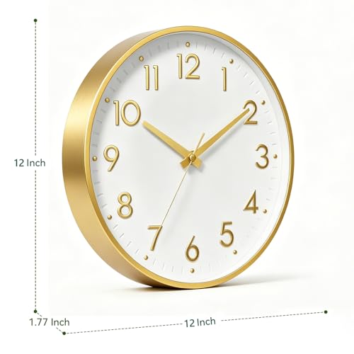 Image of Mosewa Wall Clock 12 Inch, Battery Operated Silent Non-Ticking Modern Analog Clock Decorative for Kitchen, Bedroom, Office, Living Room(White Gold)