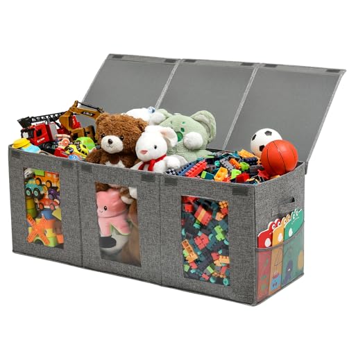 NETANY Clear Window Toy Box & Toy Chest with Lid - Large Toy Storage Organizer, CollapsibleToy Bin with Mesh Pockets for Boys, Girls, Playroom,Living Room Area Organization 25"x13" x16" (Lin