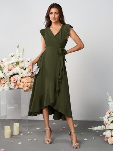 Image of Womens Summer Midi Dress V Neck Ruffle Sleeve A Line Flowy Beach Party Cockatil Formal Dresses for Weddding Guest
