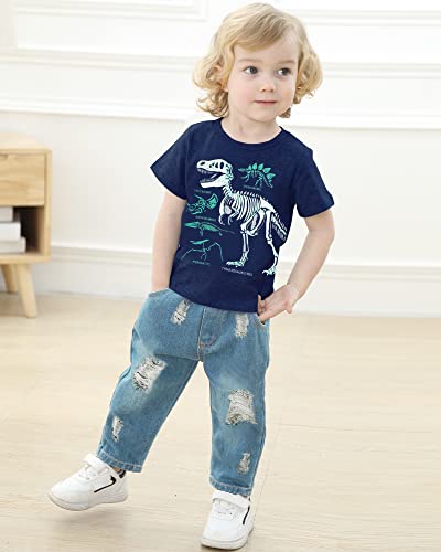 YALLET Toddler Boy Clothes 1-5T Boys Outfits Infant Short Sleeve T-Shirt Ripped Jeans 12 18 24 Months Baby Clothing Pants Set - Thumbnail 2