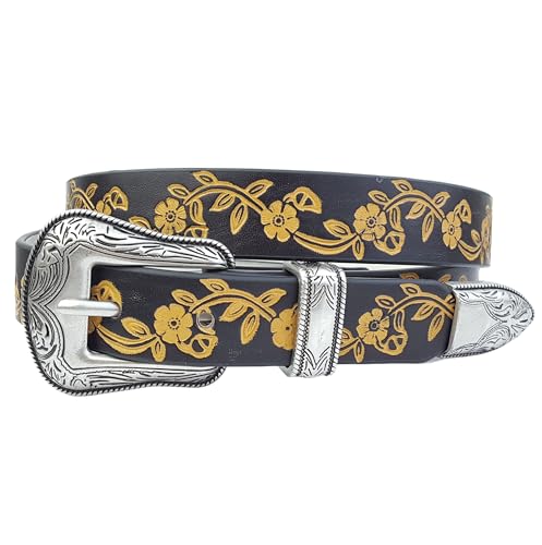 Axesoria Western-Inspired Buckle set w. hand-Painted floral tooled belt Black L/X