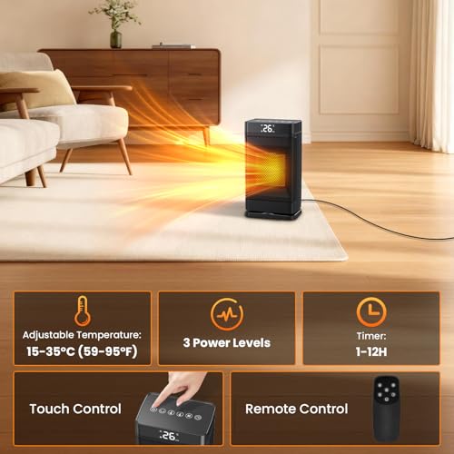 Termoventilatore, 1500W Oscillante Stufa Elettrica Basso Consumo Con Timer, Eco Ceramico Ptc & 3 Potenza Stufetta Elettrica Basso Consumo, Termoventilatore Da Bagno, Idee Regalo Natale - 2