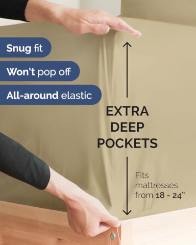 Image of Extra Deep Flex Top Split Head King Fitted Sheet - Hotel Luxury Single Fitted Sheet Only - Easily Fits 18 inch to 24 inch Mattress - Ultra Soft, Wrinkle Free w /Extra Deep Pockets - Beige