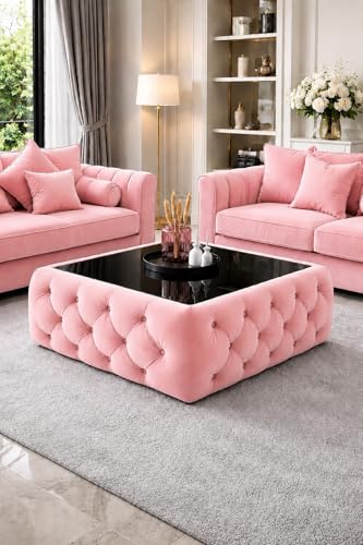 Image of Premium Tufted Upholstered Coffee Table with Mica Top - Modern Square Ottoman Center Table, Soft Velvet Finish, Luxury Living Room Furniture - 30 x 30 x 18 Inch (Pastel Pink)