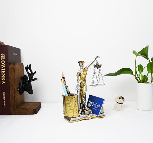Owlgift Lady of Justice Pen Holder, Sliver Justitia Resin Pencil Cup Desk Organizer, Scales & Sword Legal Office Decor Gift for Lawyer Judge Prosecutor, 7.9" Tall (5.0" W x 2.2" D) - Image 2