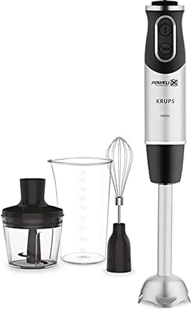 Krups Perfect Mix HZ6568 blender ręczny | 1000 W | podstawa ze stali nierdzewnej | 4 bardzo ostre noże | technologia Powelix | trzepaczka | rozdrabniacz 500 ml | kubek z miarką 800 ml | czarny/srebrny