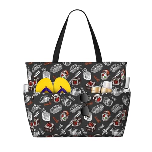 Large Beach Bags Water-resistant Sandproof - Japanese Sushi Hashi Cute Beach Tote Bags for Women with Zipper