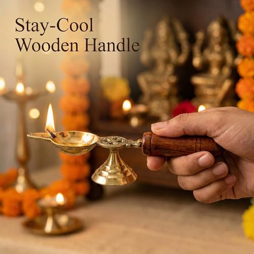 Image of 100% Pure Brass Spoon Aarti Diya with Wooden Handle | Medium Size Pooja Diya | Traditional Oil Lamp for Temple, Prayer & Festivals | Housewarming & Indian Ceremonial Gifting