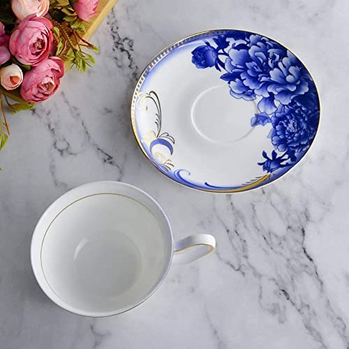 Acmlife Tea Cup And Saucer Set For 1, Bone China Tea Cups 6.8 Oz, Floral Teacup And Saucer Set For Party Or Gift, Blue And White #TOP2