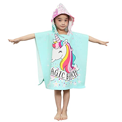 Badetücher Kinder mit Kapuze, Mikrofaser Poncho Handtuch Kinder Strandtücher Schwimmen Pool Handtuch Badetuch Duschtücher Bademantel für Mädchen, Jungen Kleinkind 2-8 Jahre alt (Einhorn)