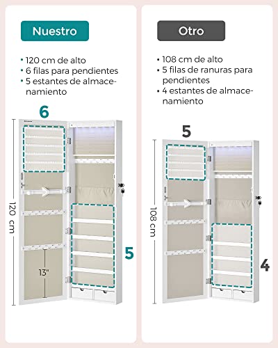 Miniatura 8 de Songmics Armario Para Joyas, Espejo Joyero De Pared, Con Luces Led Y Cierre, Organizador De Para Pendiente, Collar, Espejo Y Varios Compartimentos, Superficie Blanca Y Forro Gris Jjc093w01