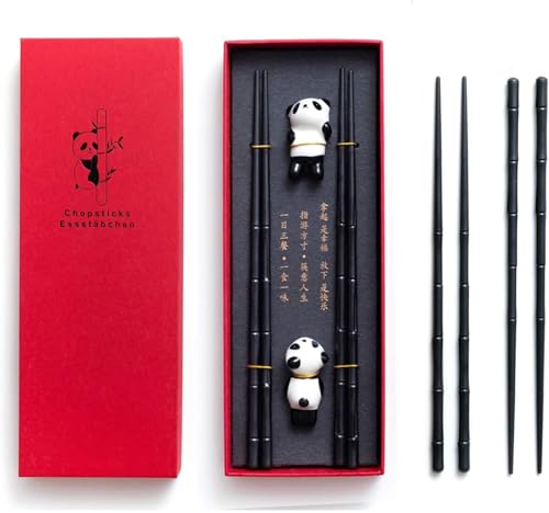 Achkey 2 Paar Essstäbchen mit 2 Chinesischen Panda Keramik Stäbchen Halter, Wiederverwendbare Fiberglas Spülmaschinenfeste Essstäbchen, 24cm rutschfeste Stäbchen in passenden Geschenkbox
