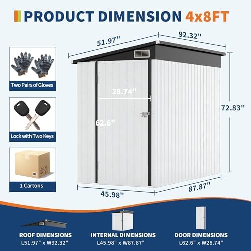 4x8 FT Heavy-Duty Metal Lean-to Storage Shed, Outdoor Utility Tool Shed for Garden, Lawn, Backyard, Galvanized Steel with Sloped Roof and Double Doors — view 3