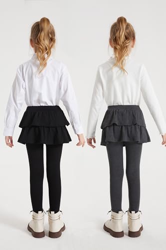 DIPUG 2-Pack Girls 2 in 1 Leggings School Uniform Pants with Double Layer Ruffled Hem Skirt Stylish Legging for Kids 2-8Years2