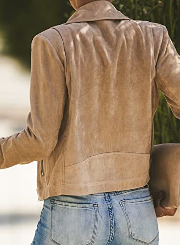 Roskiki Evaless Womens Slim Tailoring Faux Suede Jackets Short Jacket Coat Moto Biker Jacket Khaki M #TOP1