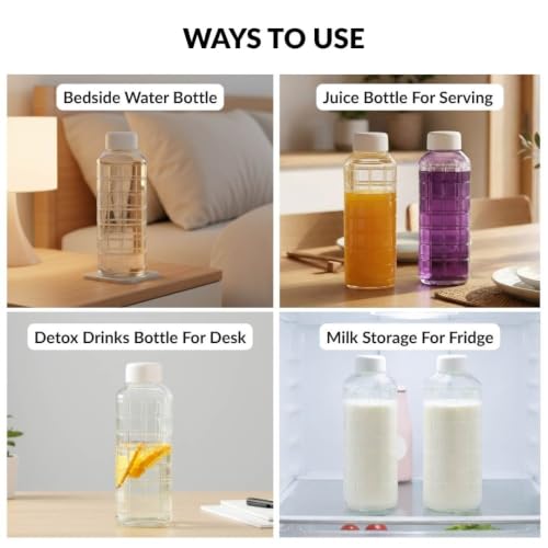 Image of Nestasia Glass Water Bottle Set of 2 (720ml Each) | Grid-Embossed Leakproof Glass Bottle Set with Cap for Juice, Milk, Detox Water, Office & Daily Use | Transparent & Durable Fridge Water Bottle