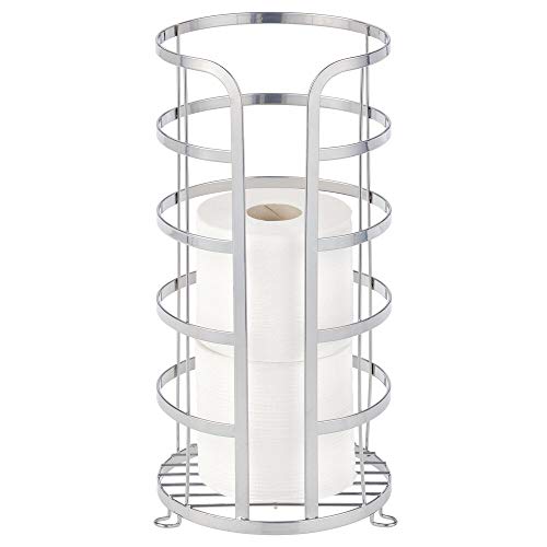 mDesign Decorative Metal Free Standing Toilet Paper Holder Stand with Storage for 3 Rolls of Toilet Tissue - for Bathroom Powder Room - Holds Mega Rolls - Chrome
