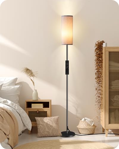 Image of Dimmable Gray Floor Lamp for Living Room with Remote and Foot Switch, Corner Floor Lamp for Bedroom, Modern Standing Tall Lamp, 10W 900LM Bulb Included, 3000K-6500K, Linen Shade, FCC Listed H06LD05W1