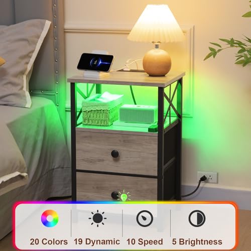 AMHANCIBLE LED Night Stands Set of 2, Bedside Tables with Charging Station, Side Table with USB C Port and Outlet, Nightstand with 2 Fabric Drawers for Bedroom, Living Room, Greige, HET052LGY by AMHANCIBLE - Image 9