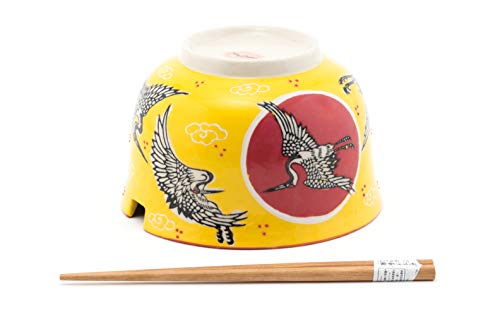 Fuji Merchandise Japanese Design Quality Ceramic Ramen Udong Noodle Bowl with Chopsticks Gift Set 6.25 Inch Diameter (Japanese Crane)