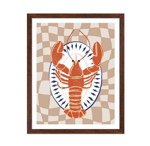 Poster Master Lobster Plate Poster - Retro Lobster Print - Food & Drink Art - Seafood Illustration - Modern Design - Chic Boho Decor - Aesthetic Restaurant or Kitchen Decor - 16x20 Brown Framed