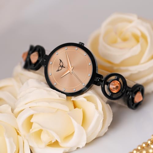 Image of Ladies Fashion Watch with Bracelet and Crystal Bezel, Black Analog Design, Water Resistant