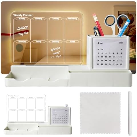IEKEODI Desk Accessories Organizer,Calendar Desk Lamp Pen Holder with Dry Erase Markers, Multi-Functional Pencil Holder for Desk, LED Desktop Organizer for Desk Cover