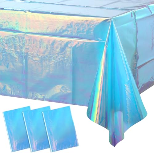 Image of 3 Pack Iridescent Blue Plastic Tablecloth, Shiny Blue Disposable Laser Rectangle Table Covers, Blue Holographic Foil Tablecloth Party Decorations for Birthday Bridal Wedding Christmas, 40 x 108 Inch