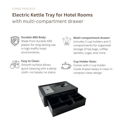 Image of FP Premium Hospitality Kettle Tray with Drawer, Multi Compartment Tea Stand, Black ABS Plastic, Compact design 13.5 x 10 inches, Hotel Room Organizer (1 set)