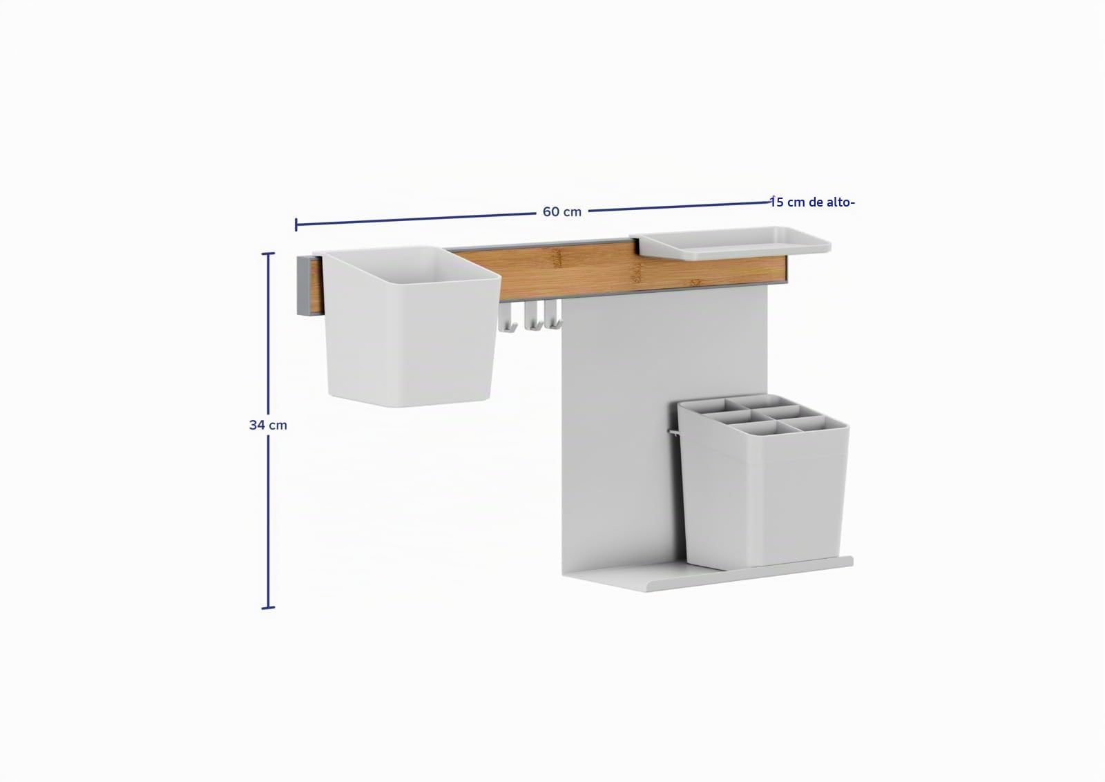tesa Set Organizador de Cocina M - Riel Autoadhesivo con Maceta para Hierbas, 2 Repisas, Recipiente para Utensilios, Barra con 3 Ganchos - Montaje sin Taladrar - Bambú/Blanco
