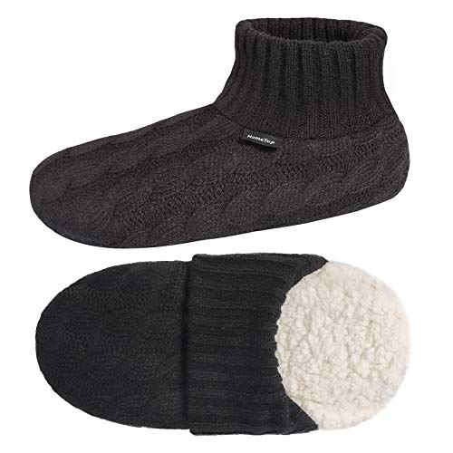 HomeTop Women's Comfy Cable Knit Sherpa Lined House Slipper Socks Anti-Skid Home Socks with Durable Silicone Gripper (40-41 M, Black)