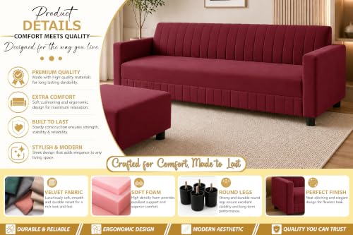Image of 3 Seater Velvet Sofa with Ottoman | Modern Upholstered Couch | Comfortable Living Room Sofa | Durable & Stylish Seating for Home, Office & Guest Room - Red Color