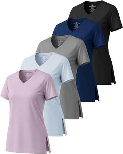 Real Essentials 5 Pack: Women's Short Sleeve Split Hem V-Neck T-Shirts, Athletic Tops, Gym, Workout, Yoga, Activewear- Set 1, S