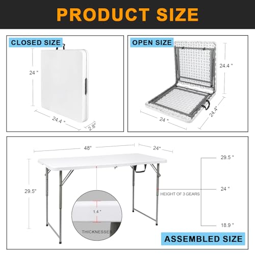 HUZJIEHUI 48\" W x 24\" D x 29.5\" H - 4FT Adjustable Height Heavy Duty Plastic Fold-in-Half Foldable Table，White Portable Folding Table with Carrying Handle for Camping & Party - Thumbnail 7
