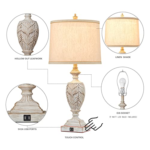 29.5"H Touch Control Traditional Table Lamp Set Of 2,Vintage Bedside Lamp Nightstand Lamps With Dual Usb Ports,3-Way Dimmable Hollow Out Leafwork White Washed Finish Desk Lamps For Living Room,Bedroom #TOP2