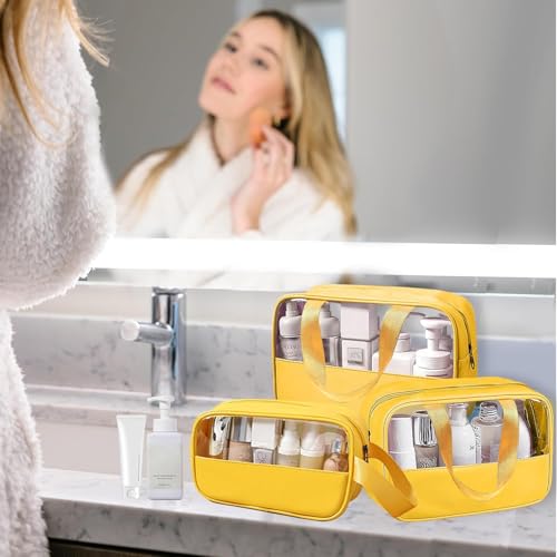 Image of KBS Toiletry Kit Cosmetic Makeup Storage Organizer Clear Styilish Wash Bag Pouch Set of 3 for Travel Luggage Transparent with Metal Zipper Gift for Men Women Girls (Yellow)