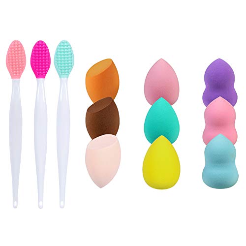 DaveandAthena 9 Pcs Makeup Sponge Beauty Sponge Makeup Blender for Liquid Foundation, Creams, and Powders and 3 Pcs Silicone Exfoliating Lip Brush for Smoother and Fuller Lip Appearance