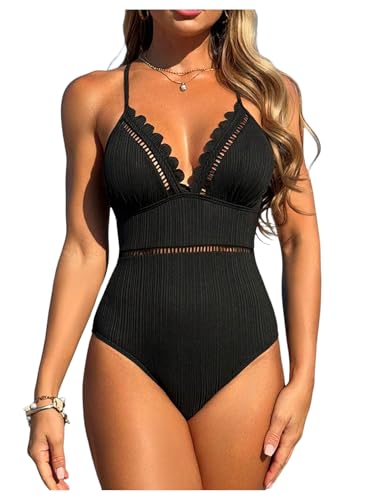 SweatyRocks Women's Scalloped One Piece Bathing Suit Crisscross Tummy Control Swimsuit